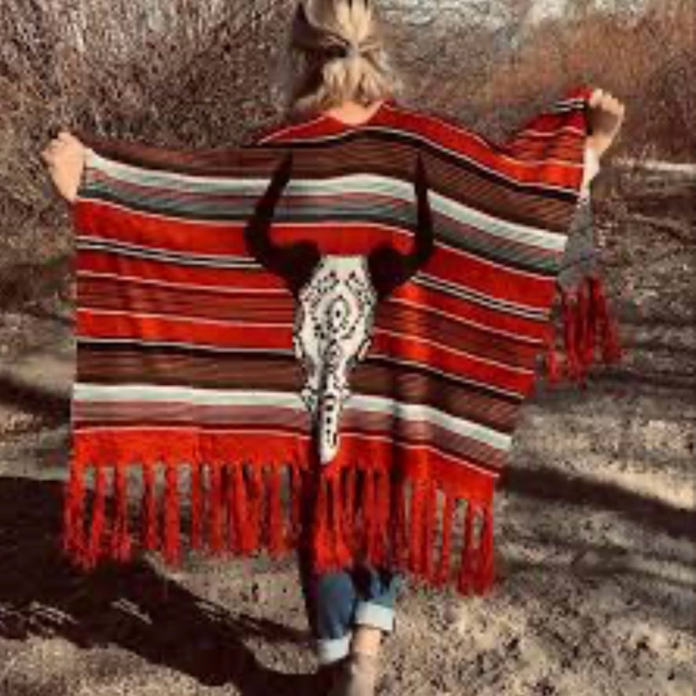 Three bird nest knit light weave w tassels Western Matador Poncho for spring - Picture 2 of 7